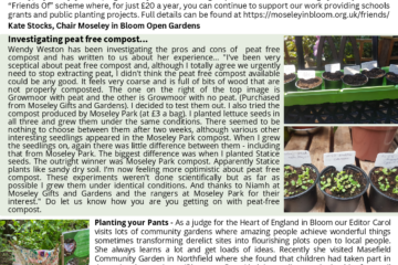 Page 2 of the Blooming News with articles on investigating peat free compost and a look at Planting your Pants scheme.